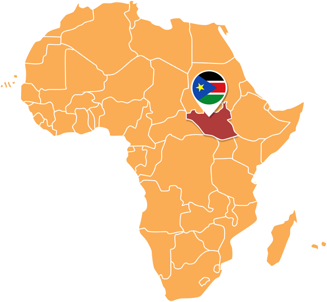 South Sudan map in Africa, Icons showing South Sudan location and flags.