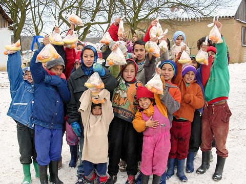 Christmas gifts in the snow, Lazareni, December 2001