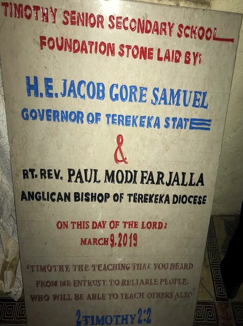 The foundation stone for Timothy Senior Secondary School, laid on 9 March 2019 by the governor of Terekeka State and the Anglican bishop of Terekeka. In 2016 Alex already dreamed of a high school here, and one day even a university.